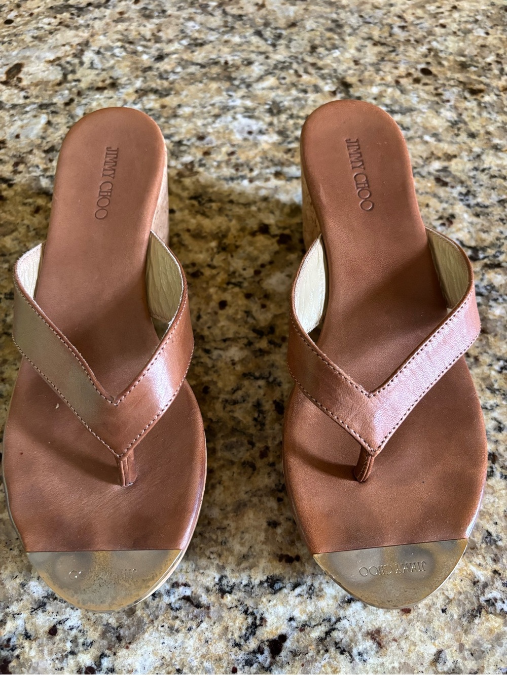 Jimmy Choo Copper-Brown Leather Thong Sandals with Gold Toe Plate